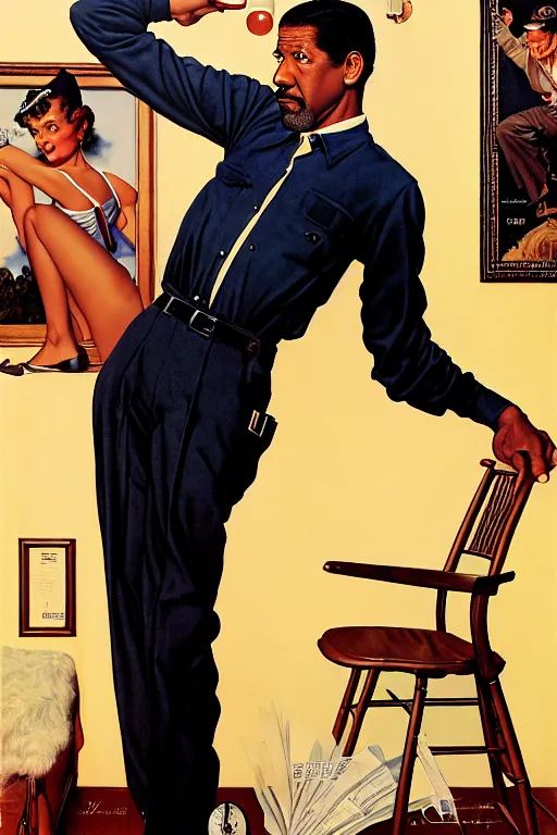 Image similar to skinny denzel washington by gil elvgren and norman rockwell and rob gonsalves and hajime sorayama, hyperrealistic, high detail, ultra detailed, highly detailed face, ruffled fabric