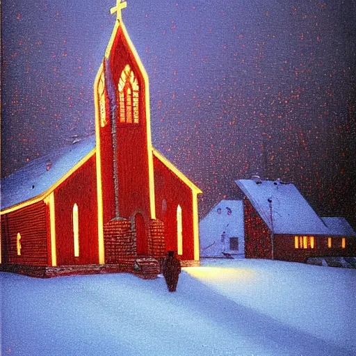 Prompt: church interiour, snow falling, glowing red cross, melted metal flowing, painted by Quint Buchholz and Carl Gustav Carus