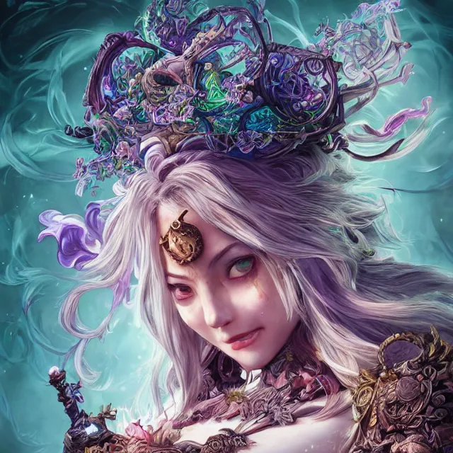 Image similar to the portrait of chaotic good female druid alchemist as absurdly beautiful, gorgeous, elegant, young gravure idol, an ultrafine hyperdetailed illustration by kim jung gi, irakli nadar, intricate linework, sharp focus, bright colors, octopath traveler, final fantasy, unreal engine 5 highly rendered, global illumination, radiant light, detailed and intricate environment