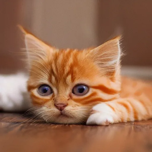 Prompt: cute fluffy orange tabby kitten, wooden floor