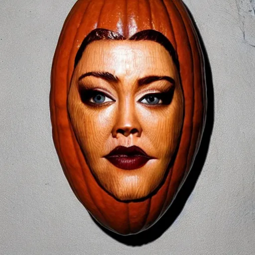 Image similar to a [ gourd ] carved shaped to look like ( amber heard face ) hybrid intercross