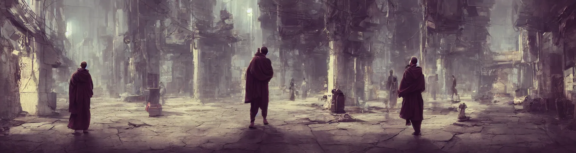 Image similar to monk meditation in a cyberpunk world with people walking around wearing vr headset by eugene von guerard, ivan shishkin, concept art, trending on artstation