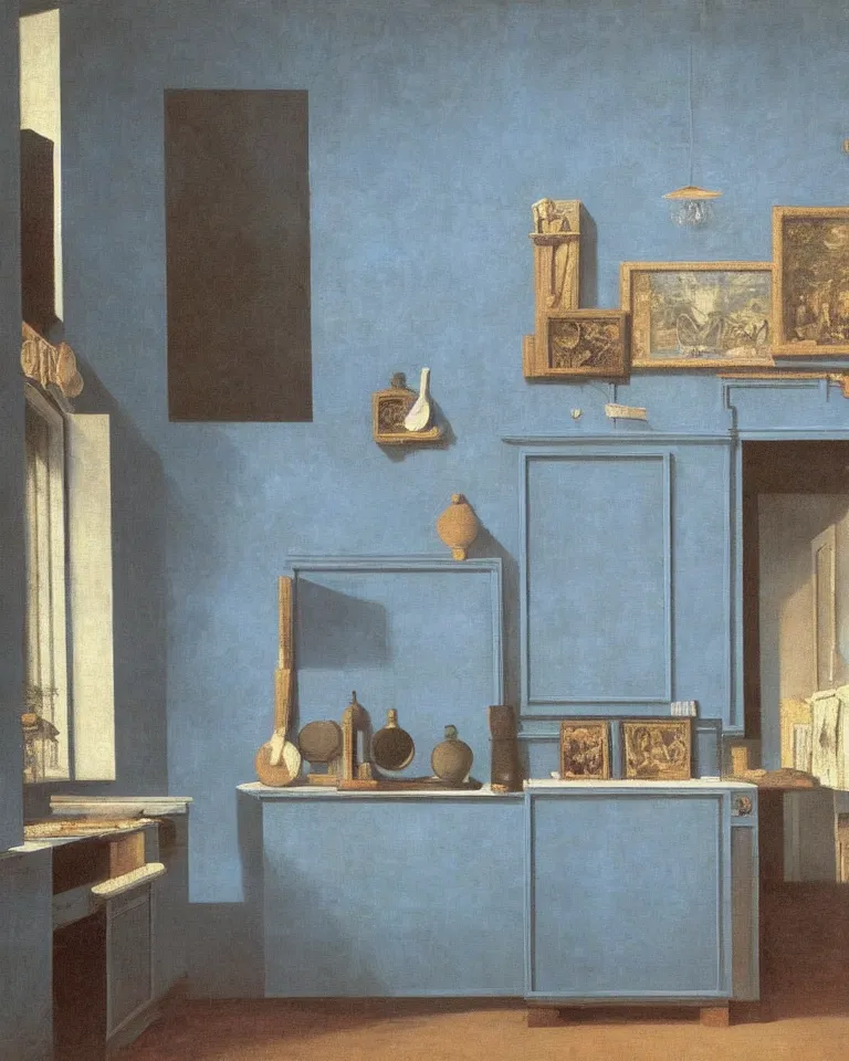 Image similar to achingly beautiful painting of a sophisticated kitchen on baby blue background by rene magritte, monet, and turner. giovanni battista piranesi.