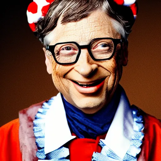 Image similar to UHD candid photo of Bill Gates dressed as a Court Jester, wearing extremely accurate clown makeup, accurate face, UHD, photorealistic, correct face, photo by Annie Leibowitz