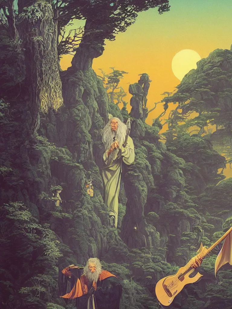 Prompt: an image of george harrison as gandalf from the lord of the rings, taking mind altering drugs, dreaming psychedelic hallucinations in the vast rivendell landscape, by kawase hasui, moebius, edward hopper, colorful flat surreal design, dramatic lighting, hd, 8 k, artstation