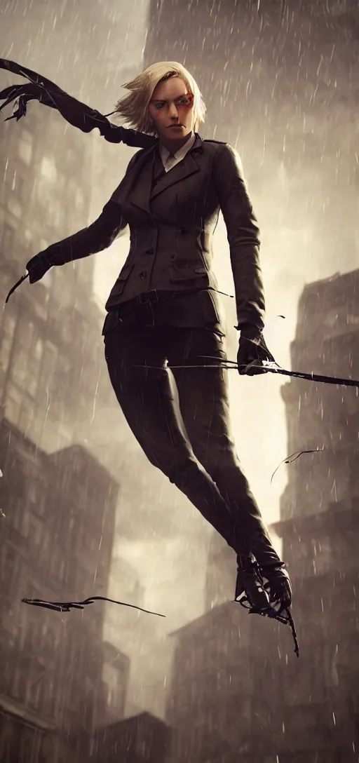 Image similar to professional shot annie leonhart in dunwall city, mid air shot, redshift render, beautiful face, detailed face, cinematic lighting, rainy weather, melancholy atmosphere, volumetric light, octane render, dishonored 1, gothic architecture, realistic reflections, octane render 8 k, action shot