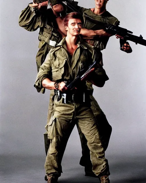 Image similar to photoshoot of commando versus rambo. young arnold schwarzenegger as matrix from the movie commando and young sylvester stallone as rambo, photoshoot in the style of annie leibovitz,