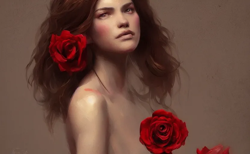 Image similar to a painting of virtualrose trending on artstation in the style of greg rutkowski, beautiful, young female, sensual, natural skin, brown hair, red rose