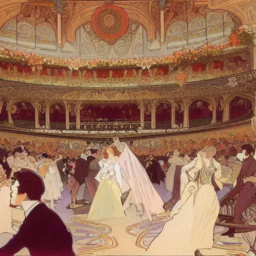 Image similar to painting by alphonse mucha, interior of an opera house with a singer in a white dress on a lighted stage with an orchestra and audience in the hall