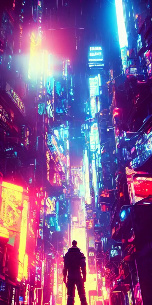 Image similar to professional photo of astronaut on cyberpunk street from low angle shot, synthwave, blade runner, hyperrealistic masterpiece, trending on artstation, cgsociety, kodakchrome, golden ratio, cinematic, composition, beautiful lighting, hyper detailed, sharp focus, octane render, 4 k, unreal engine