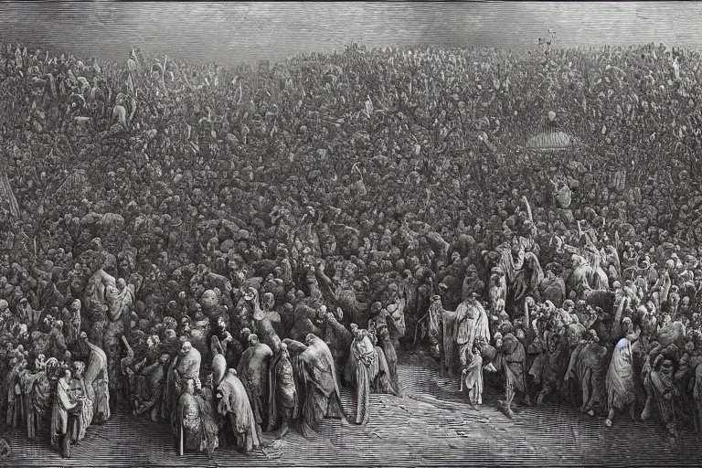 Image similar to aerial view, crowd of people looking up, Gustave Dore lithography