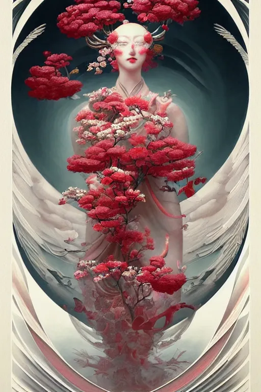 Image similar to breathtaking detailed red gardian mao baby in glace sphere no futur taiwan concept art painting art deco pattern of birds goddesses amalmation flowers, by hsiao ron cheng, tetsuya ichida, bizarre compositions, exquisite detail, extremely moody lighting, 8 k, art nouveau, old chines painting