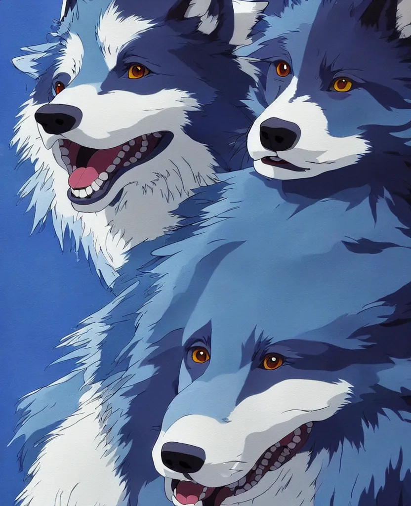 Prompt: beautiful painting from the anime film by studio ghibli, a blue anthropomorphic wolf creature petting a tiny border collie , trending on artstation