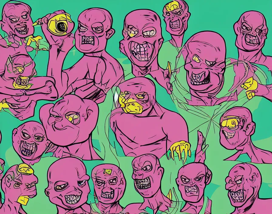 Image similar to krang 1980s pop band, surrealism aesthetic, detailed facial expressions