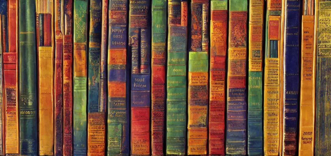 Prompt: a zoomed in photograph of a bookshelf, books with intricate bindings, colorful, photorealistic digital art