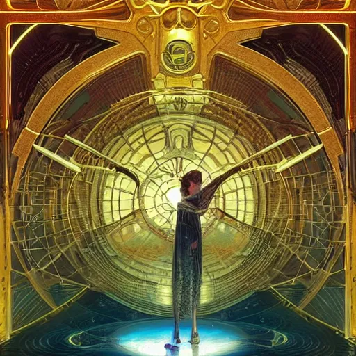 Image similar to hyper realistic golden quantum computer in the shape of a giant cube the size of a city , art by artery and Greg Rutkowski and alphonse mucha, sci-fi, fantasy, intricate, ornate, very very intimidating , highly detailed, digital painting, artstation, concept art, smooth, sharp focus, illustration