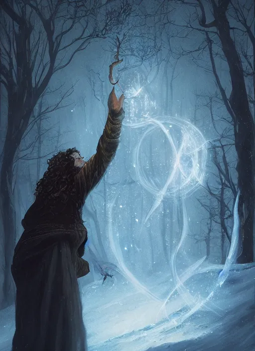 Image similar to a mage casting a frost spell by charlie bowater and john howe and leon bazille perrault