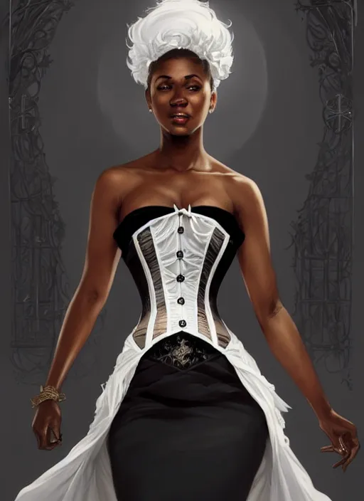 Image similar to cute black woman wearing a white corset dress, fantasy, intricate, highly detailed, digital painting, artstation, concept art, wallpaper, smooth, sharp focus, illustration, art by artgerm and greg rutkowski and alphonse mucha