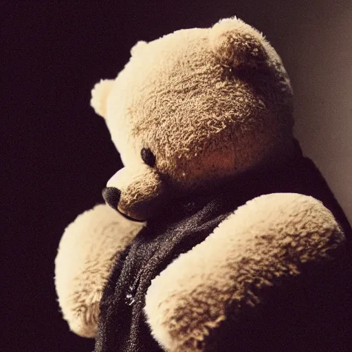 Image similar to Portrait studio photograph of Kanye West holding a anthropomorphic teddy bear, close up, shallow depth of field, in the style of Felice Beato, Noir film still, 40mm