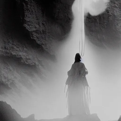 Prompt: 1 9 7 0's artistic spaghetti western movie, a woman in a giant billowy wide flowing waving dress made out of white smoke, standing inside a dark western rocky scenic landscape, volumetric lighting, backlit, moody, atmospheric