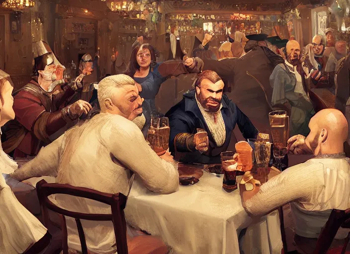 Image similar to medieval rich kingpin sitting in a tavern with his thugs, drinking and cheering, few subjecs, elegant, close frontal shot, digital painting, concept art, smooth, sharp focus, illustration, from d & d by ruan jia and mandy jurgens and artgerm and william - adolphe bouguerea