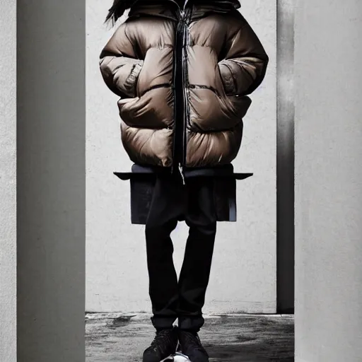 Prompt: realistic photoshooting for a new balenciaga lookbook color film photography of a beautiful woman model, model wears a puffer jacket, photo in style of tyler mitchell, ssense