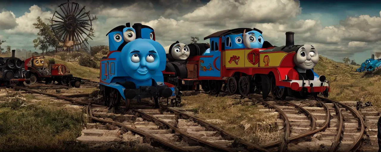 Image similar to thomas the tank engine mad max style, film still, epic shot cinematography, rule of thirds