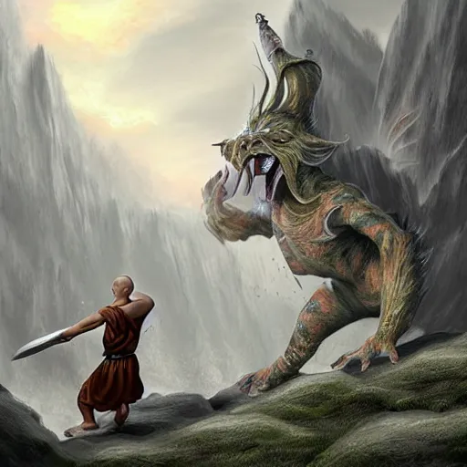 Image similar to a fantasy matte painting of a dnd monk fighting a creature, detailed, realism dnd,