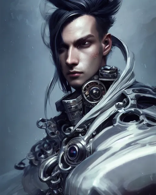 Prompt: male portrait, handsome, detailed white long hair, intricate black mecha assasin armor, steampunk monocle, complex 3 d render by ilya kuvshinov, peter mohrbacher, greg rutkowski, ryohei hase, dramatic lighting, intricate, highly detailed, sharp focus, luminous, unreal engine, blender, deviant art, masterpiece, ray tracing