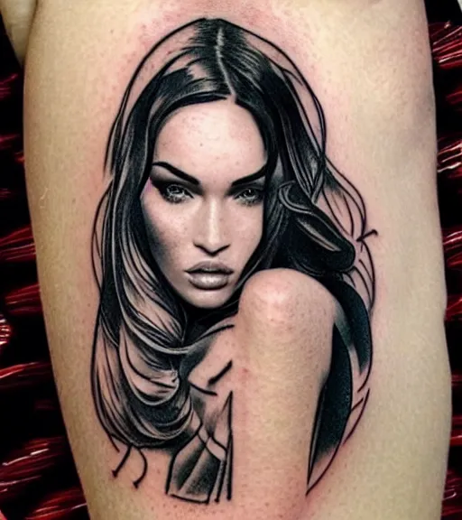 Prompt: double exposure effect tattoo design sketch of megan fox with beautiful mountain scenery, realism tattoo, in the style of matteo pasqualin, amazing detail, sharp