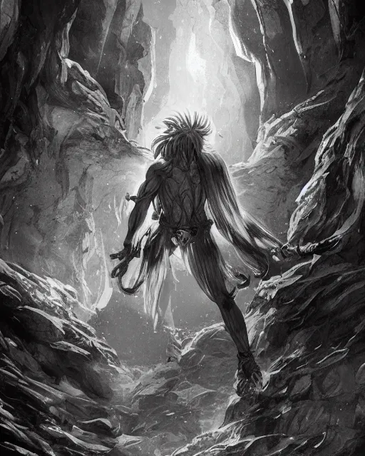 Prompt: An old man trapped in a cave, looking into a mirror, b&w, fantasy art, in the style of masami kurumada, illustration, epic, fantasy, intricate, hyper detailed, artstation, concept art, smooth, sharp focus, ray tracing