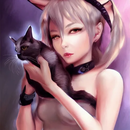 Prompt: beautiful woman with cat eyes and ears fantasy concept art, detailed