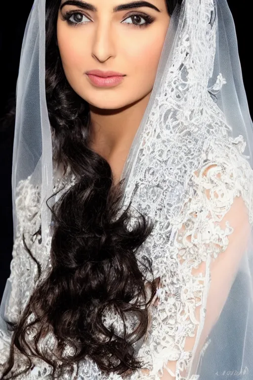 Image similar to Ameera al-Taweel, blue eyes, long wavy black hair, white veil, closeup, focus face