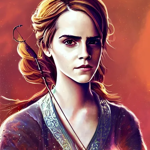 Image similar to Emma Watson as archer, cute, fantasy, intricate, elegant, highly detailed, centered, digital painting, artstation, concept art, smooth, sharp focus, illustration, art by AbyssWolf