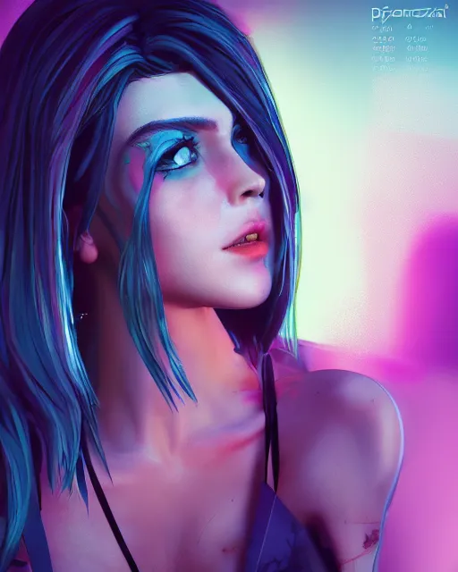 Prompt: portrait of a woman by CD Projekt Red and Prywinko and gantzu, cyberpunk, vaporwave, Halter-top, face, cute, shaded lighting, beautiful, realistic, perfect, extremely detailed, deviantart, artstation, 4k, 8k, Cyberpunk 2077, Blade Runner, purple eyes