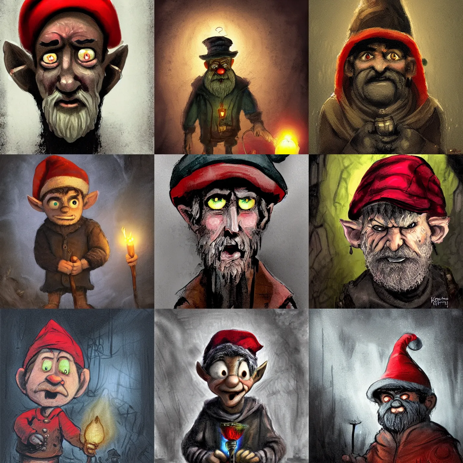 Prompt: an angry, grimy, dirty, grumpy [ old ], miner elf ( with red hat and a glowing latern ) in a pitch black mine, looks into the camera. angry kubrick stare, low key lighting, high contrast, faux painting, fairy tale illustration, character concept art by katalin szegedi, over the garden wall ( 2 0 1 4 )