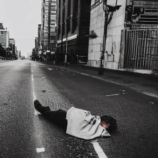 Image similar to a man laying lifeless on the road of a big city, photography,