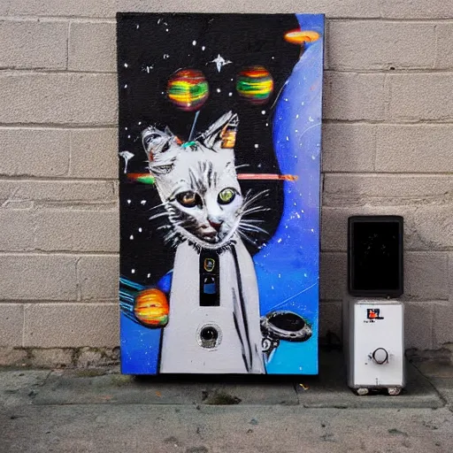 Image similar to Street-art painting of cats on synthesizer in space, style of Banksy, photorealism