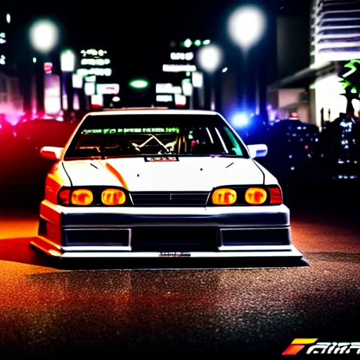 Image similar to a car JZX100 twin turbo drift at illegal car meet, Shibuya prefecture, city midnight mist lights, cinematic lighting, photorealistic, highly detailed wheels, high detail