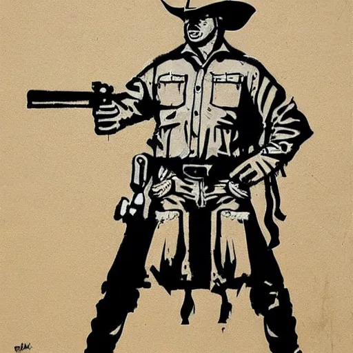 Image similar to heavily armed cowboy, drawn by banksy