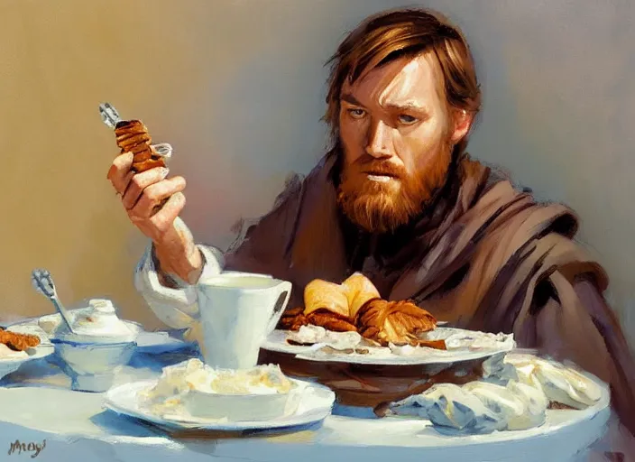 Prompt: a highly detailed beautiful portrait of obi - wan kenobi eating only one cannoli, by gregory manchess, james gurney, james jean