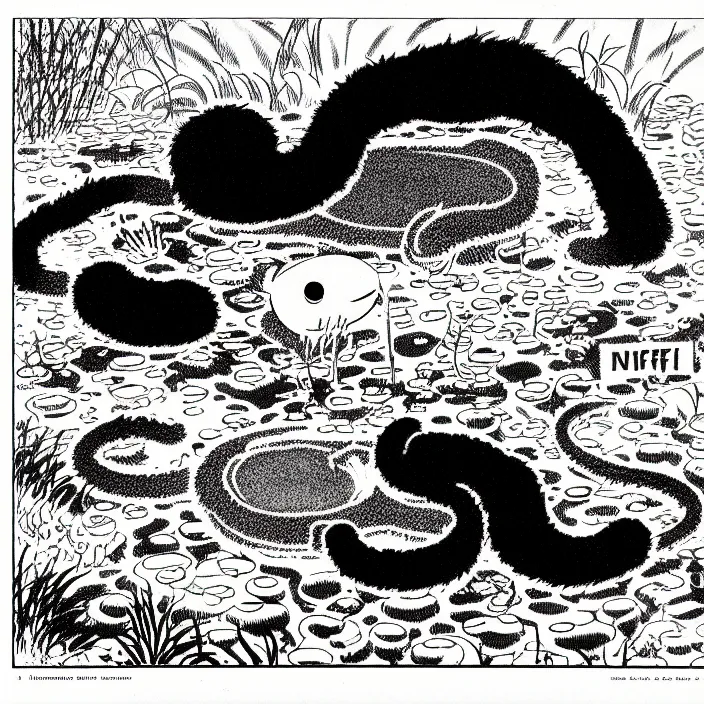 Prompt: a still frame from comic strip, black fluffy hairy snake in a fishtank 1 9 5 0, herluf bidstrup, new yorker illustration, monochrome contrast bw, lineart, manga, tadanori yokoo, simplified,