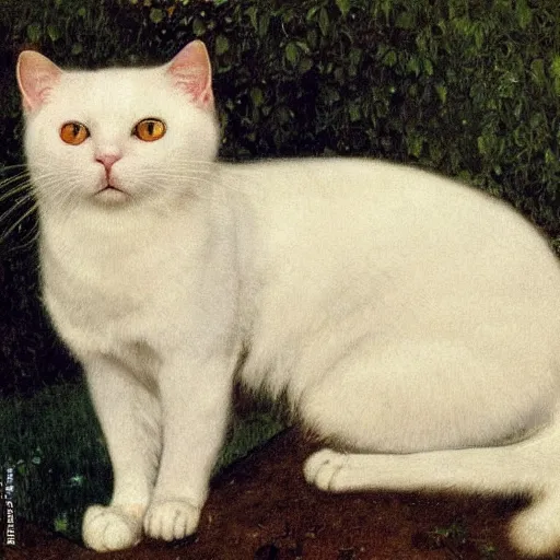 Image similar to portrait of a white cat with a black spot on its head, intricate, elegant, highly detailed, smooth, sharp focus, illustration, art by gustav klimt - adolphe bouguereau