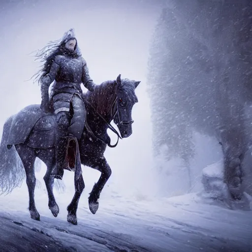 Image similar to A Nordian on horseback in the snowy mountains during a snowstorm, fantasy, medieval, highly detailed, Game of thrones style, Artstation