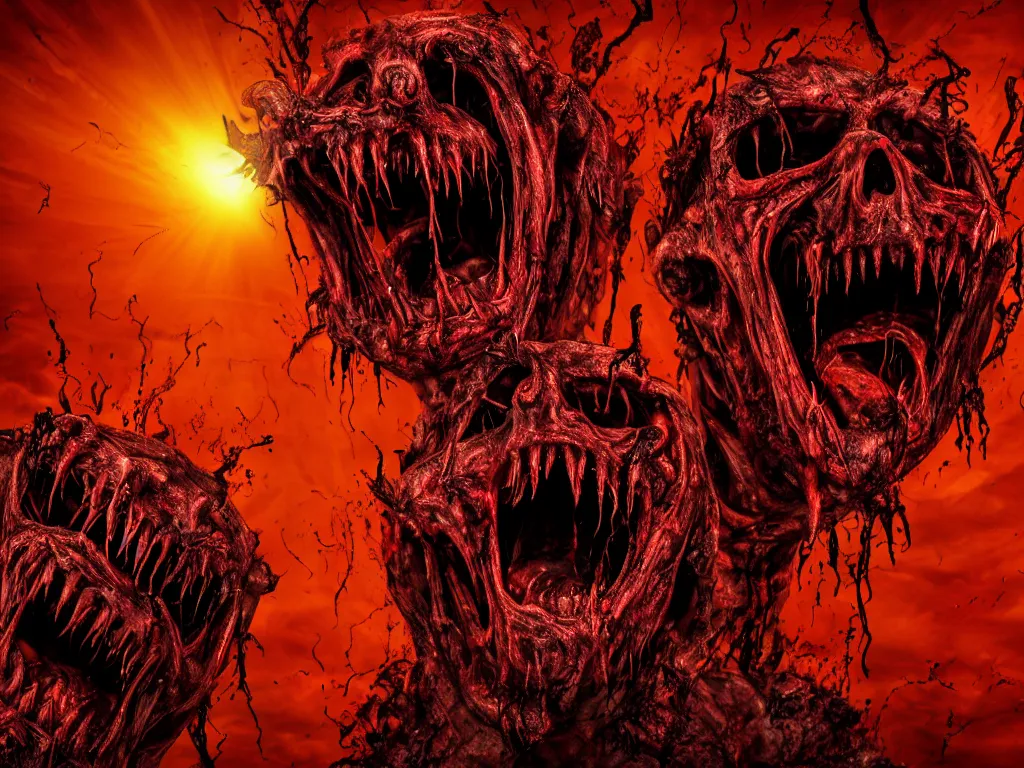 Image similar to twisted demonic creatures screaming, sun dripping blood in the background, horror, hellish, grotesque, monstrosity, accursed, insanity, nightmare, High Definition detail, 8K