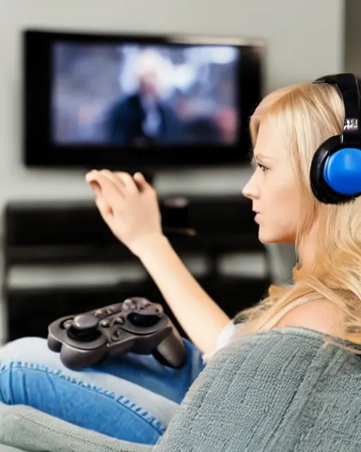 Prompt: a cute beautiful blonde woman with blue eyes playing game, holding controller, watching television displaying call of duty, intricate detail, cinematic composition