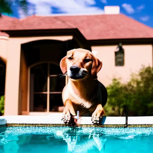 Prompt: a very detailed photo of a dog smoking a cigar outside the mansion by the pool