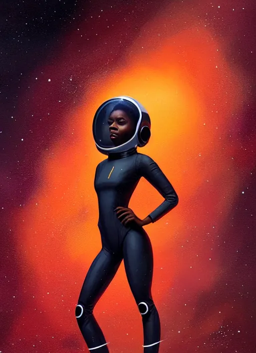 Prompt: full body portrait of young black woman as an astronaut, orange space jumpsuit, intricate, beautiful and elegant, highly detailed, digital painting, artstation, concept art, smooth, sharp focus, illustration, art by wlop, mars ravelo and greg rutkowski