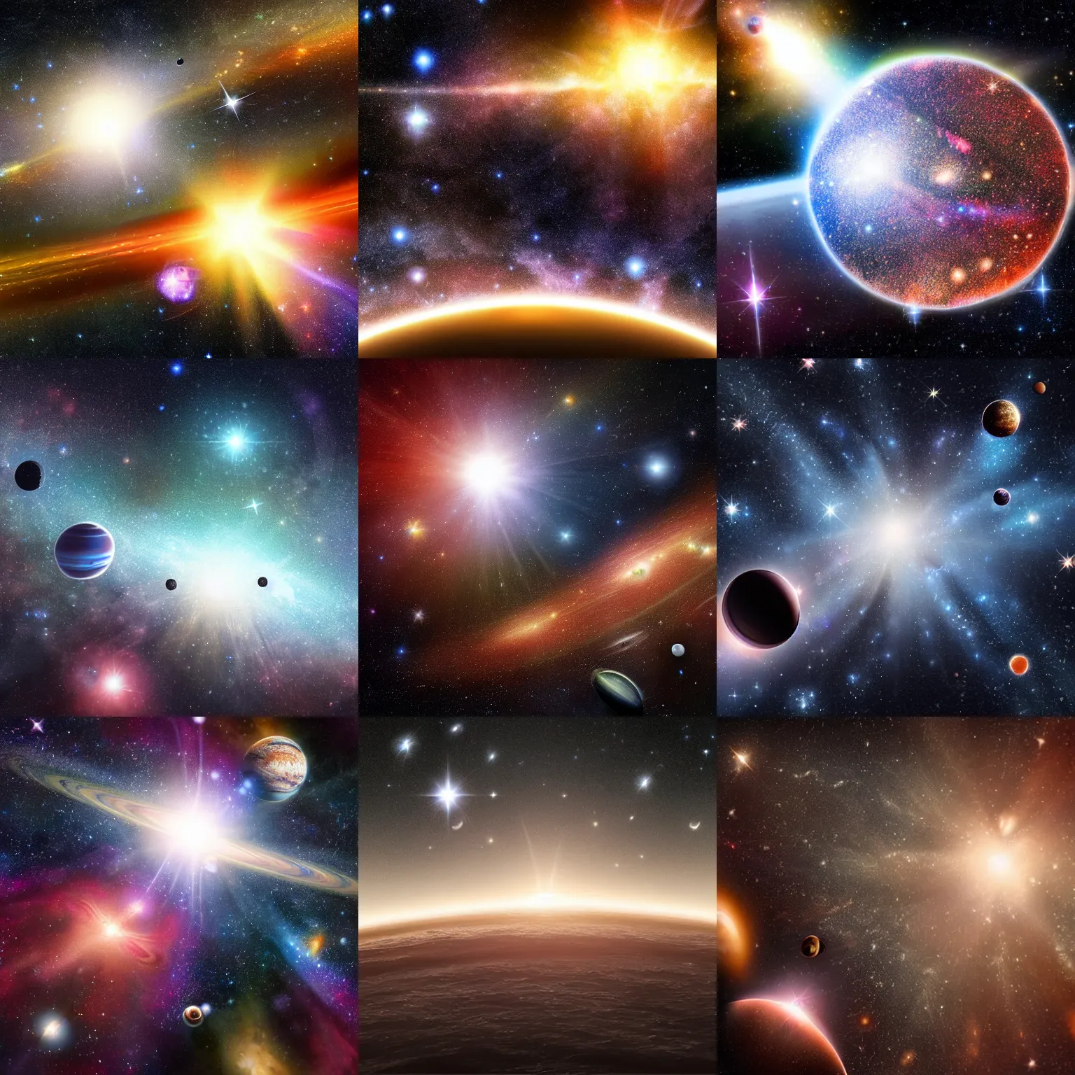 Prompt: Massive realistic dark expansive space scene with tiny point source stars, Hubble deep field background, rich powerful intricate detailed realistic artistic, multiple star colors, planets with megastructures on them, lens flares