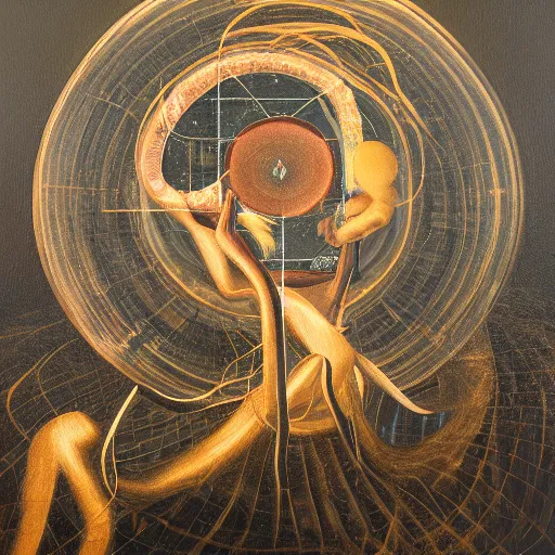 Prompt: A surreal and enigmatic oil painting of a black background with a golden ratio composition, studio lighting, 50mm lens, by James Jean